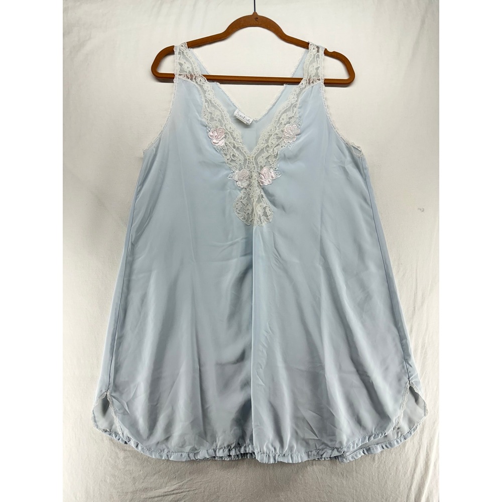 Vintage Sara Beth Blue Lace Floral Nightgown Pink Rose Applique Faux Pearl Bead